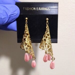 Women's Gold-tone Filigree Cone Shape Design Beaded Drop Dangle Earrings, #1